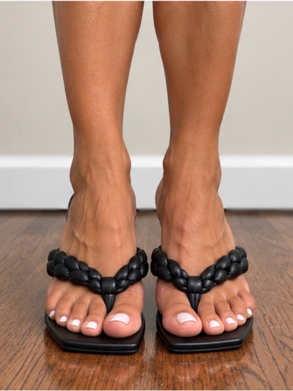 Boohoo Black Braided Thong Square-Toe Sandals